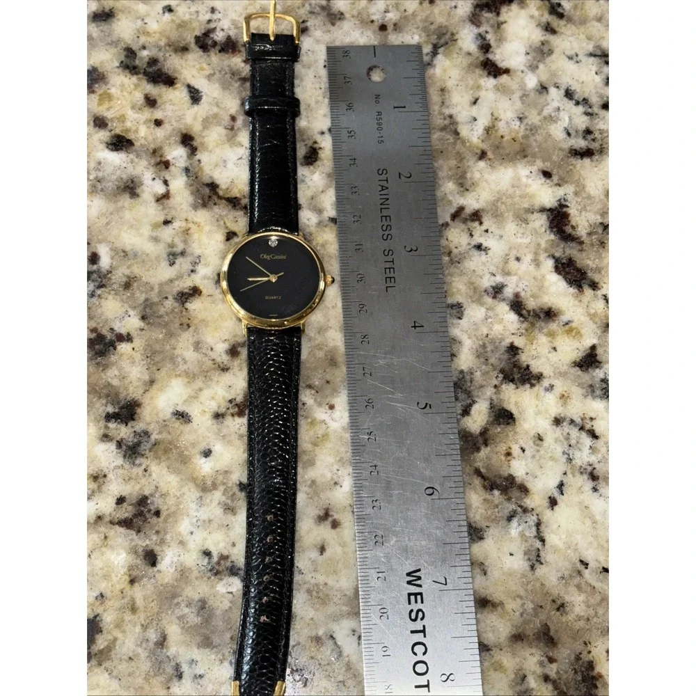 Vtg Oleg Cassini Watch Men's 32mm Gold Tone Black Dial‎ Leather Quartz NWOB 3688